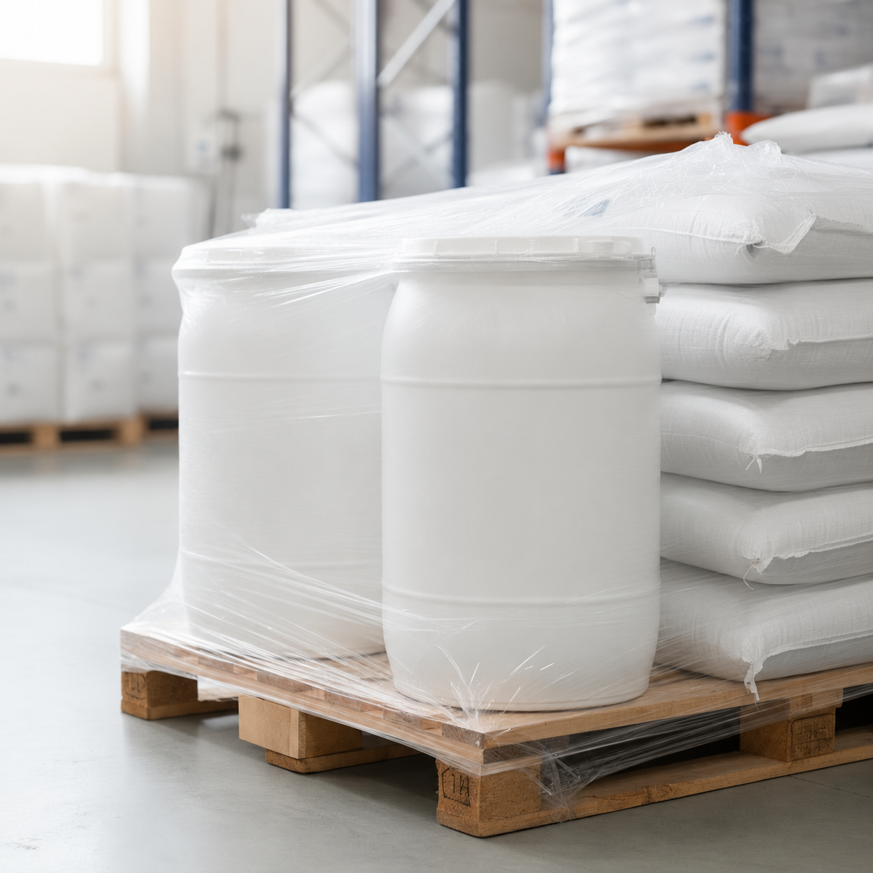 EU-labelled pharmaceutical drums on a wrapped pallet ready for dispatch