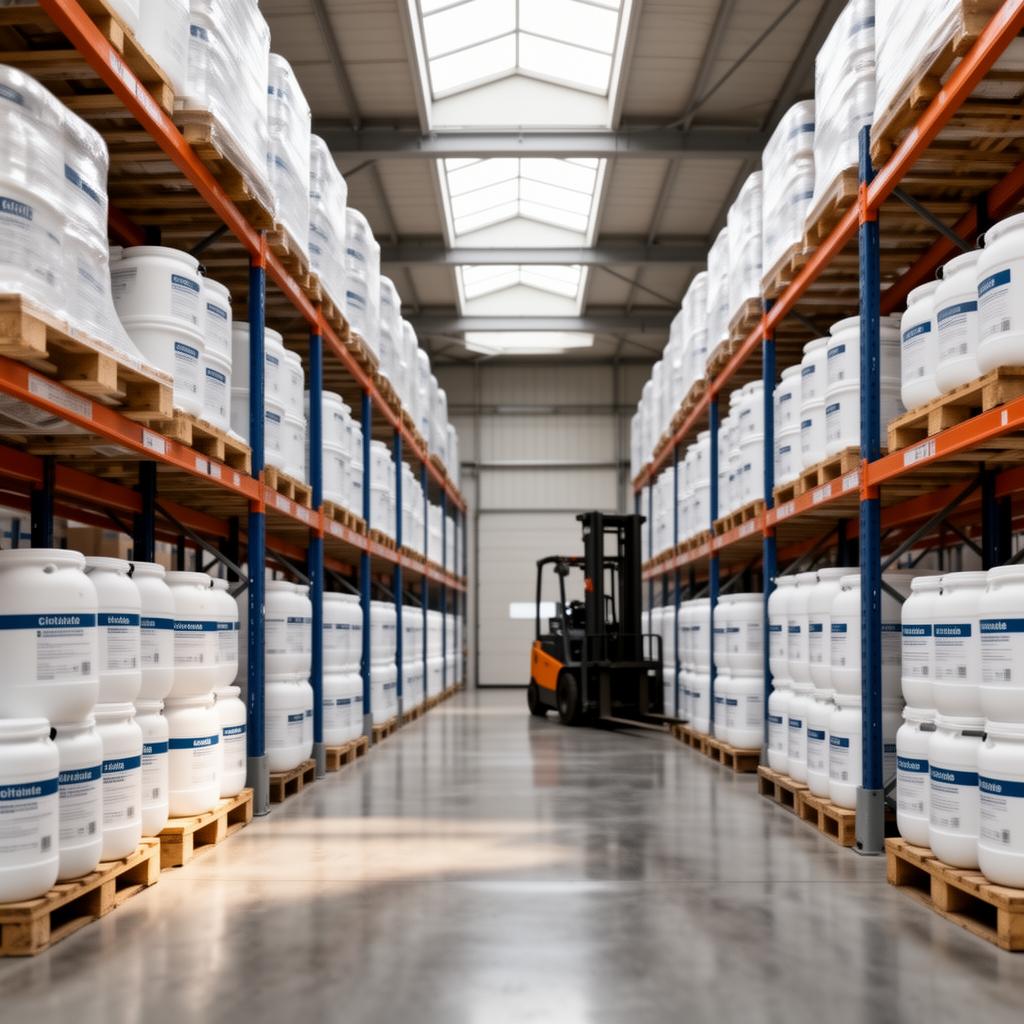 European pharmaceutical distribution warehouse with palletised citrate drums